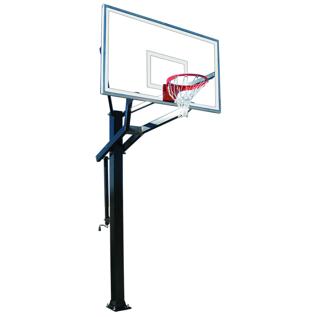 First Team Basketball System PowerHouse 672 Bolt Down with 42" x 72" Tempered Glass Backboard